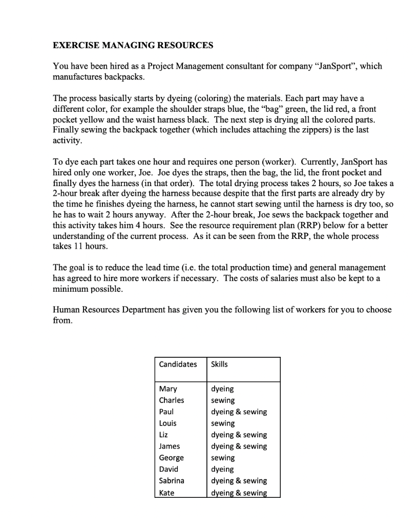 EXERCISE MANAGING RESOURCES You have been hired