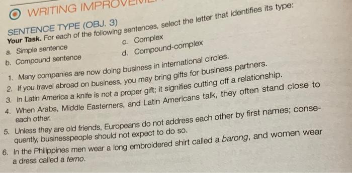 O WRITING IMPRO SENTENCE TYPE (OBJ. 3) Your Task.