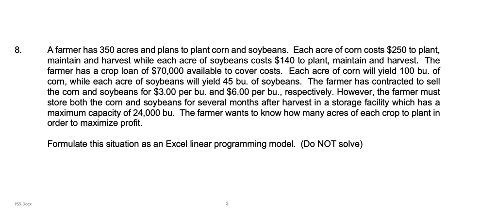 USE EXCEL SOLVER TO SOLVE! A farmer has 350 acres