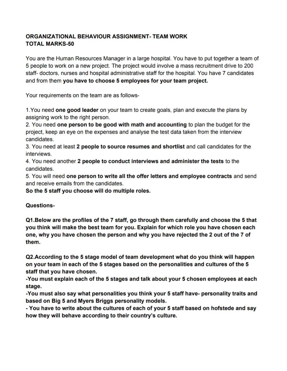 ORGANIZATIONAL BEHAVIOUR ASSIGNMENT- TEAM WORK