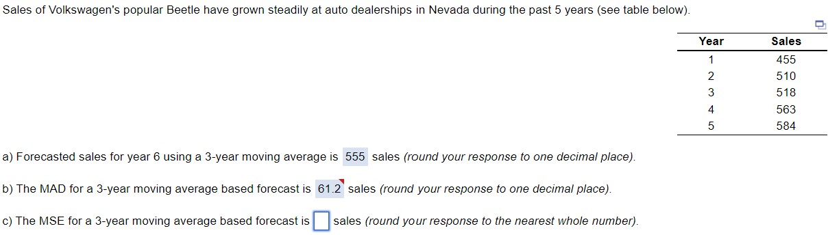 a) Forecasted sales for year 6 using a 3-year