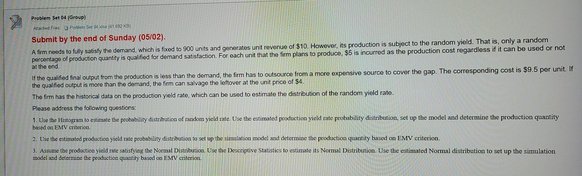Production with random yield Input Data