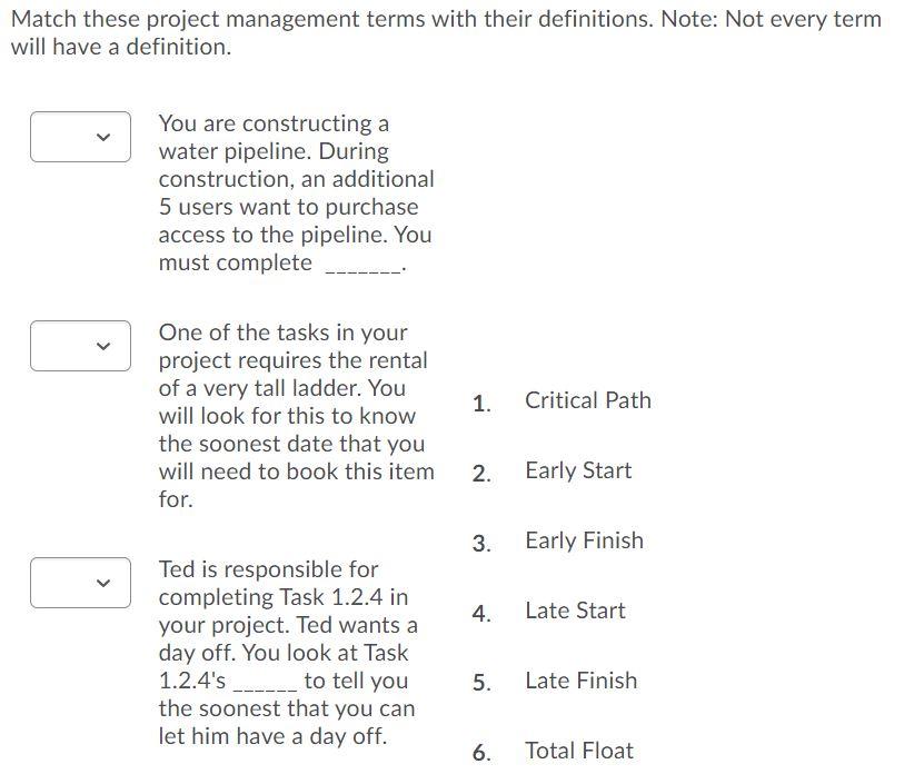 Match these project management terms with their