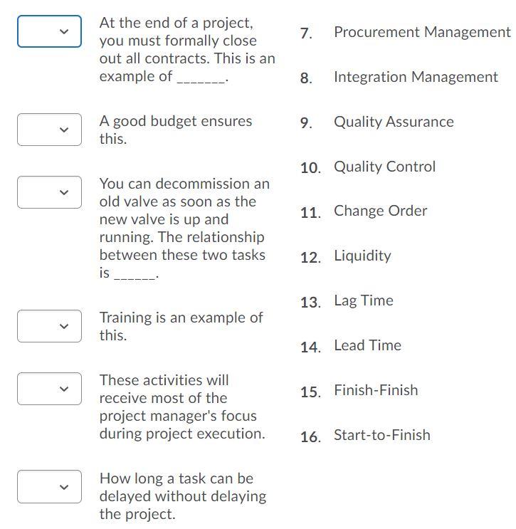 Match these project management terms with their