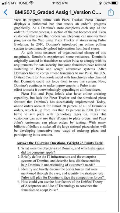 ... STAY HOME 11:52 PM 82% < BMIS575_Graded Assig