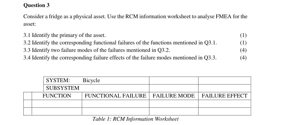 Question 3 Consider a fridge as a physical asset.