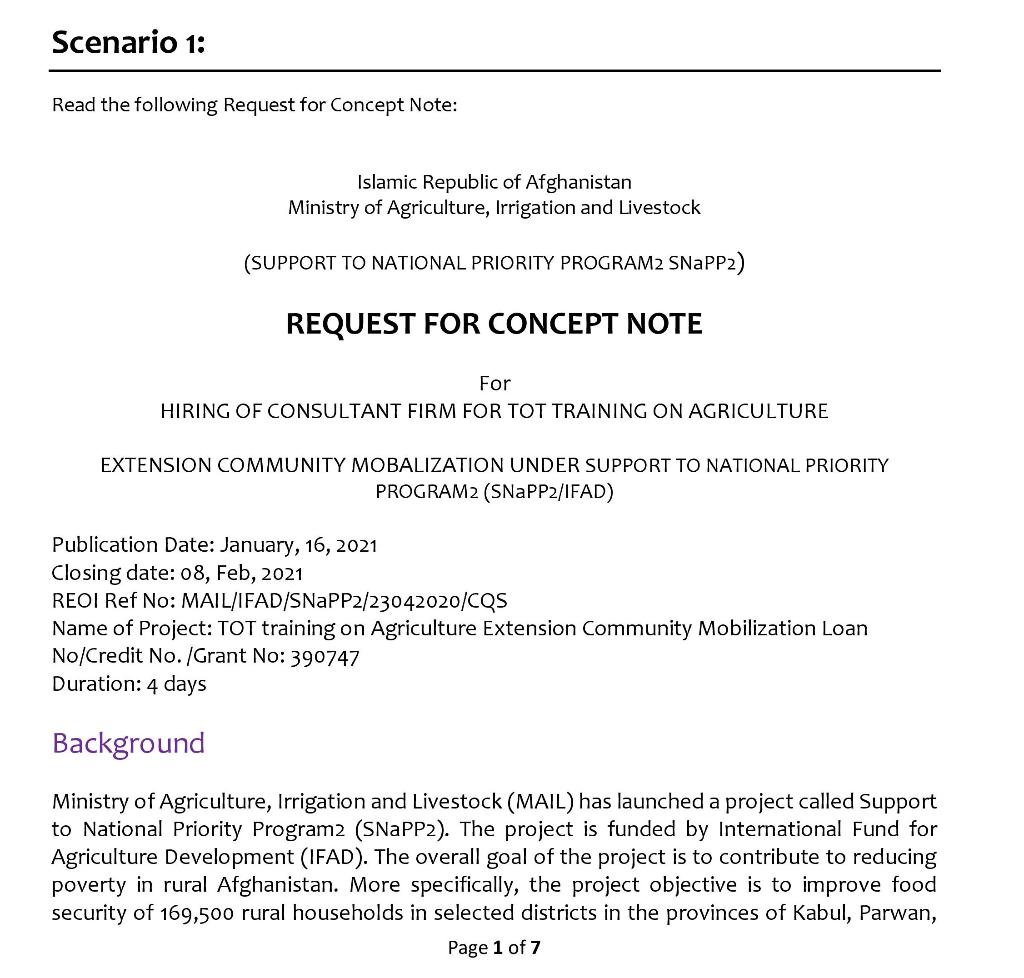 Scenario 1: Read the following Request for