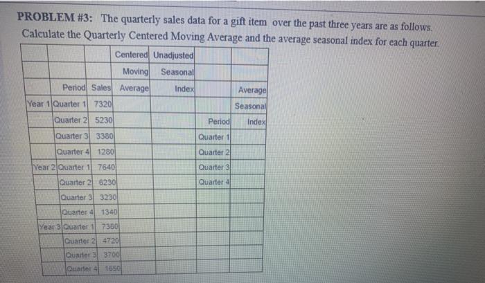 PROBLEM #3: The quarterly sales data for a gift
