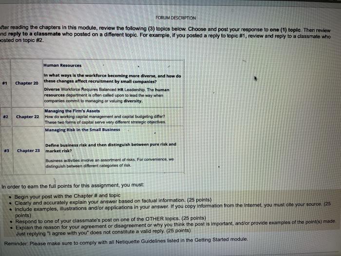 FORUM DESCRIPTION after reading the chapters in