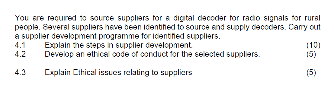 You are required to source suppliers for a