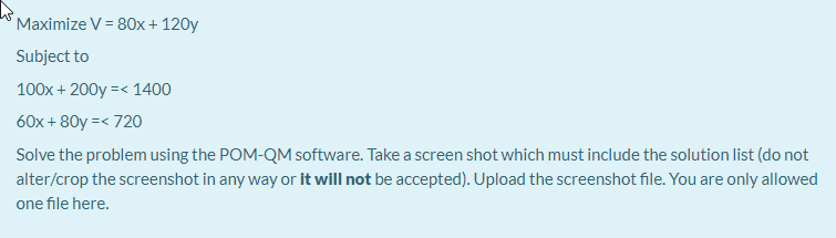 Maximize V = 80x + 120y Subject to 100x + 200y= <