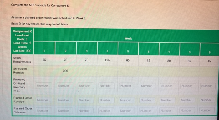 Complete the MRP records for Component K. Assume