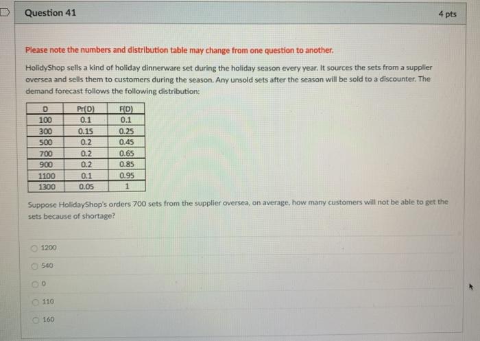 Question 41 4 pts Please note the numbers and