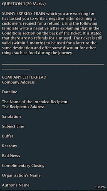 QUESTION 1(20 Marks) SUNNY EXPRESS TRAIN which