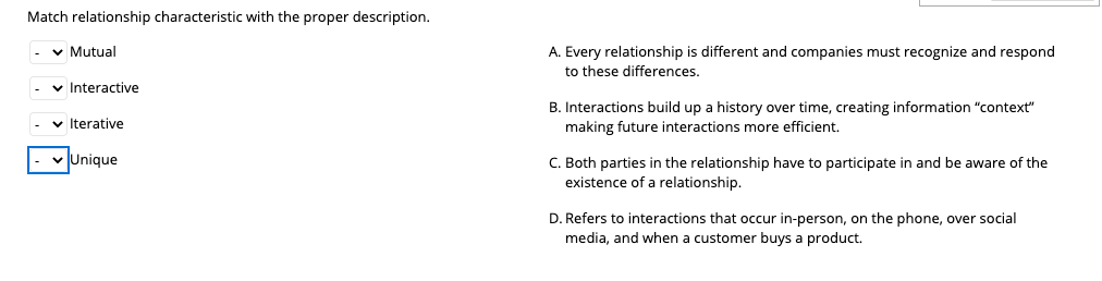 Match relationship characteristic with the proper