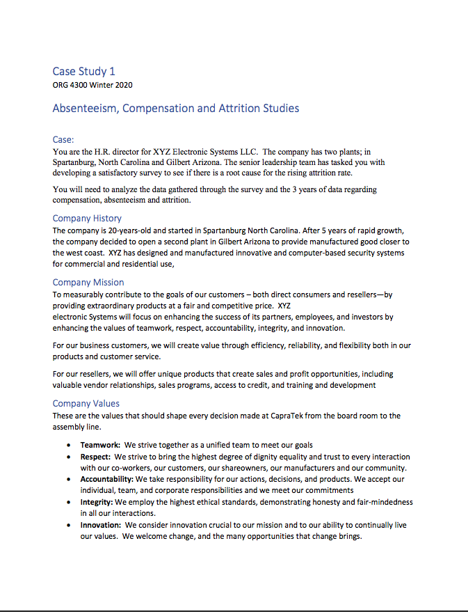 Case Study 1 ORG 4300 Winter 2020 Absenteeism,