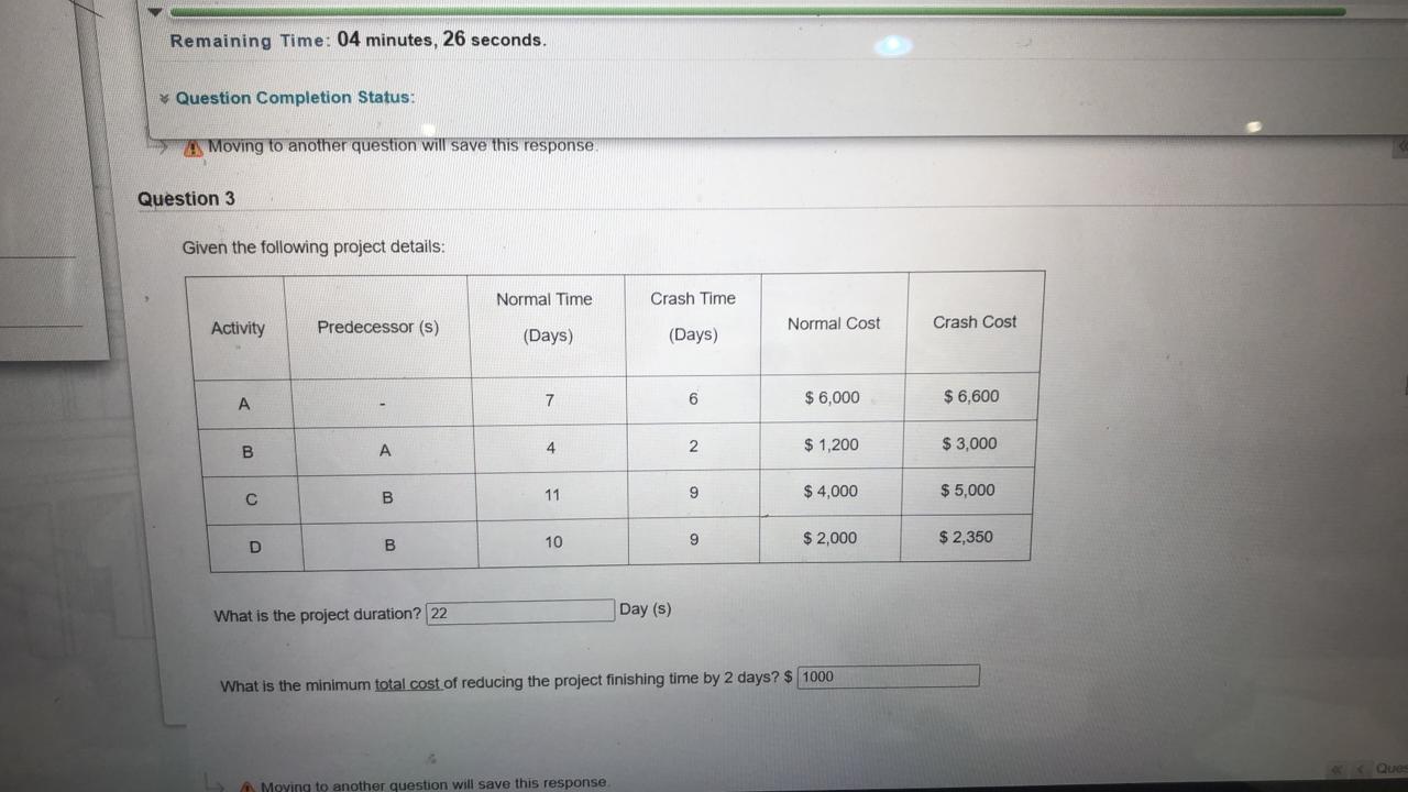 Remaining Time: 04 minutes, 26 seconds. Question