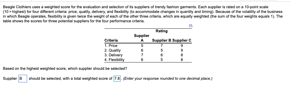 Supplier _____ should be selected, with a total