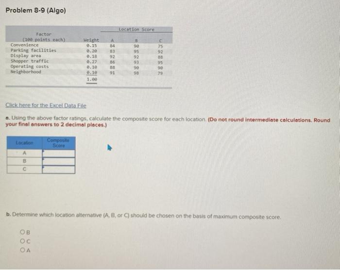 Problem 8-9 (Algo) Location Score Weight 0.15 75