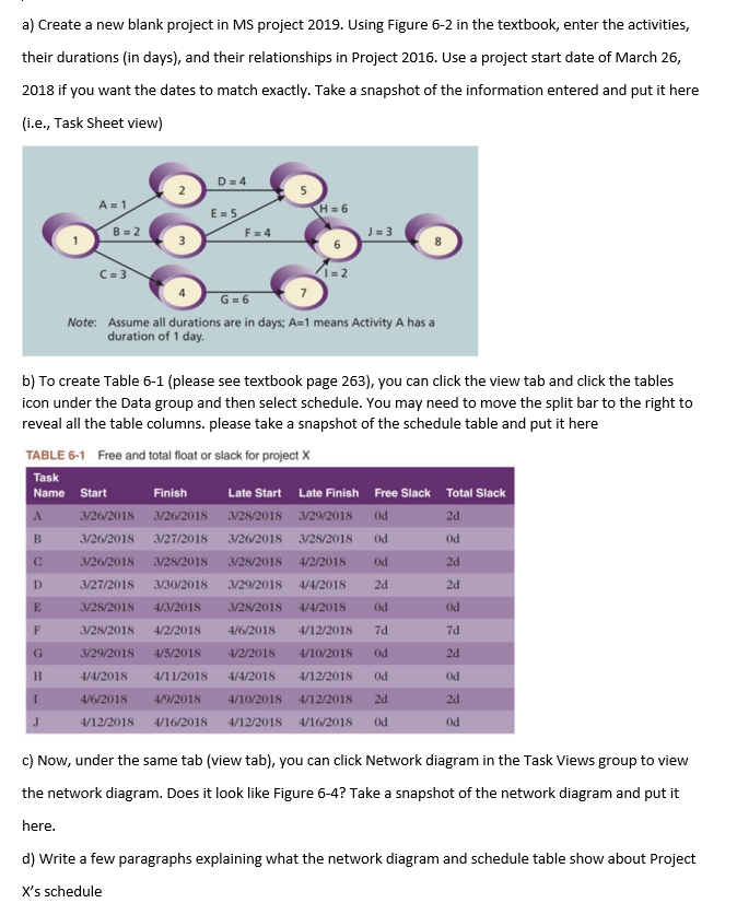 a) Create a new blank project in MS project 2019.