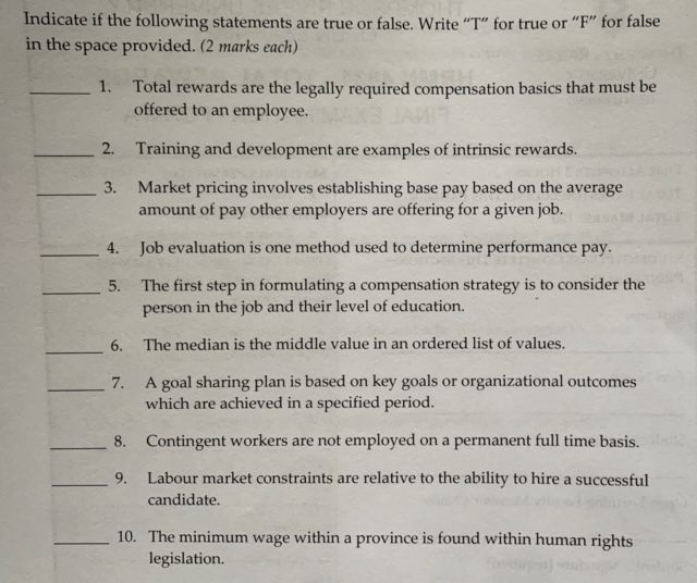 Indicate if the following statements are true or