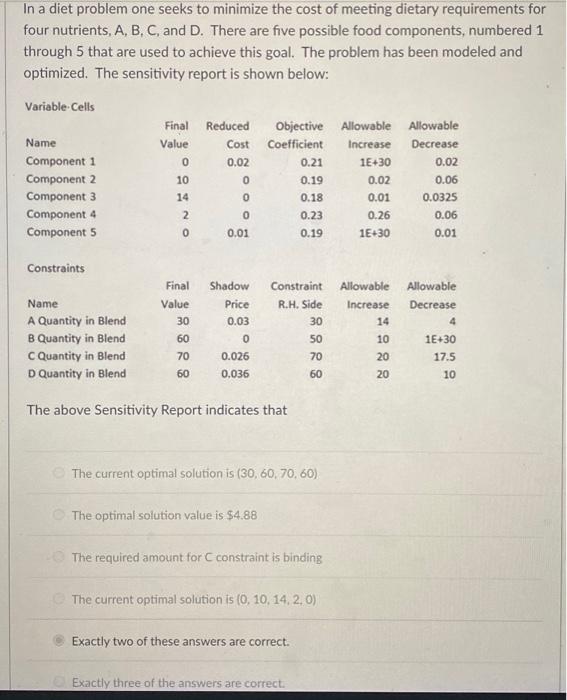 In a diet problem one seeks to minimize the cost