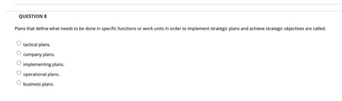 QUESTION 8 Plans that define what needs to be