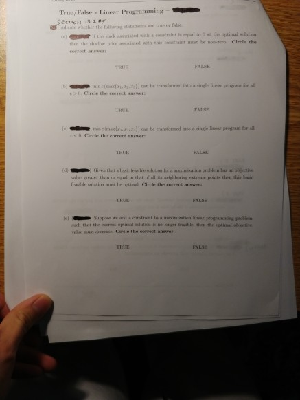 True/False - Linear Programming SECTION 13285