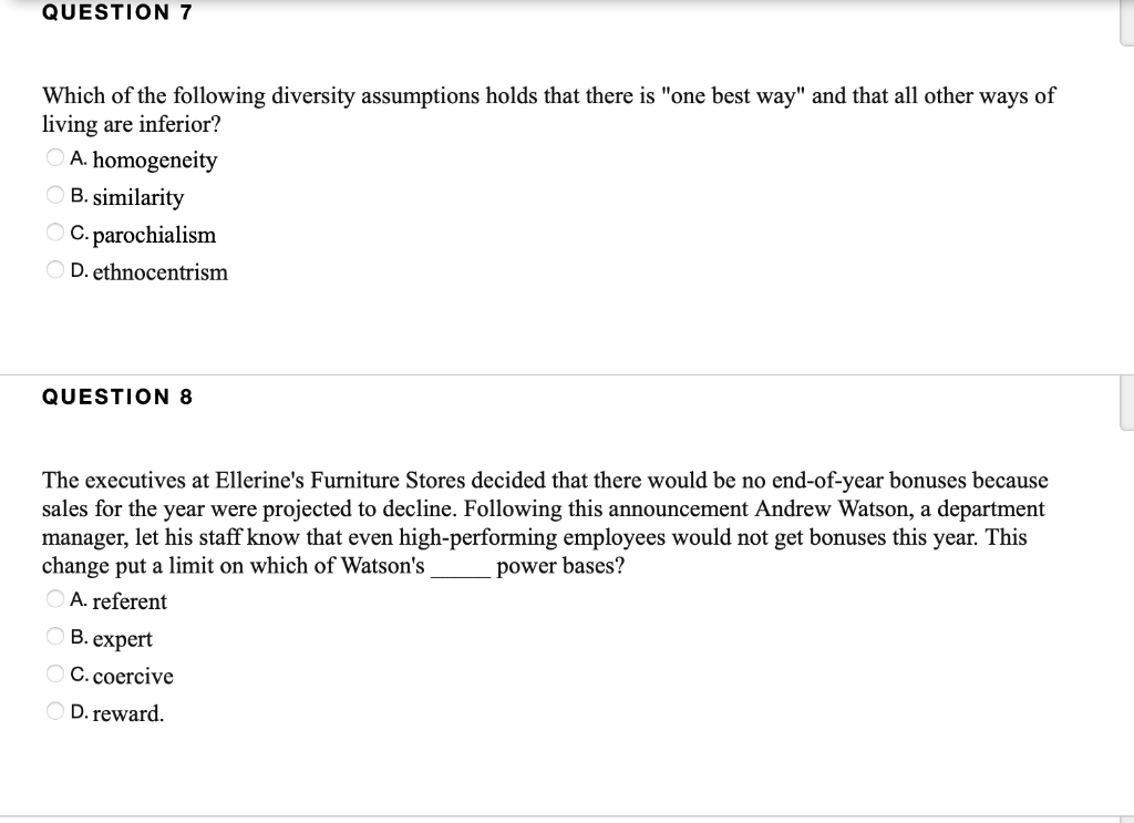 QUESTION 7 Which of the following diversity