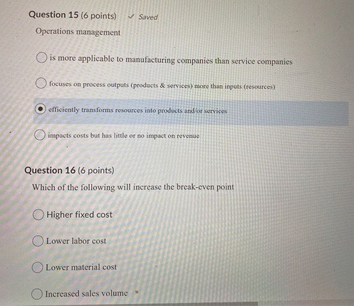 Saved Question 15 (6 points) Operations