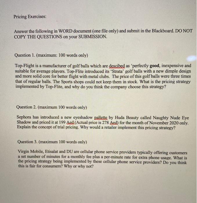 Pricing Exercises: Answer the following in WORD