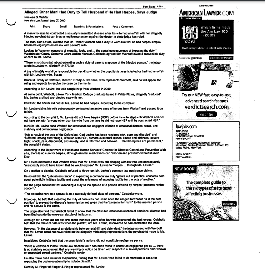 Read the article regarding Levine v. Werboff and