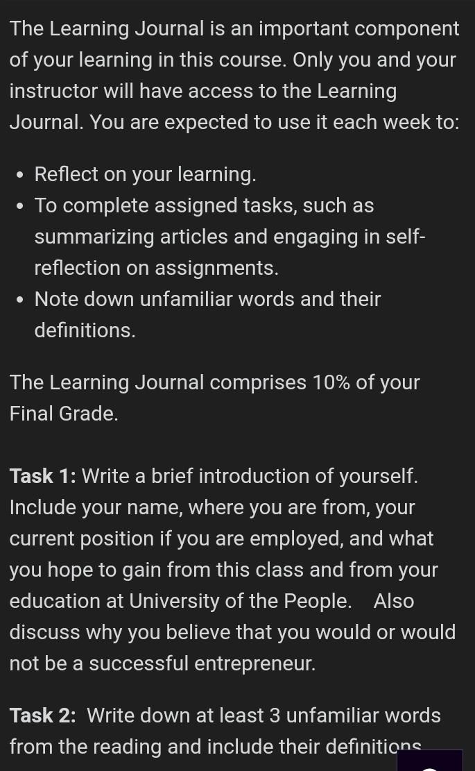 Please answer it completely The Learning Journal