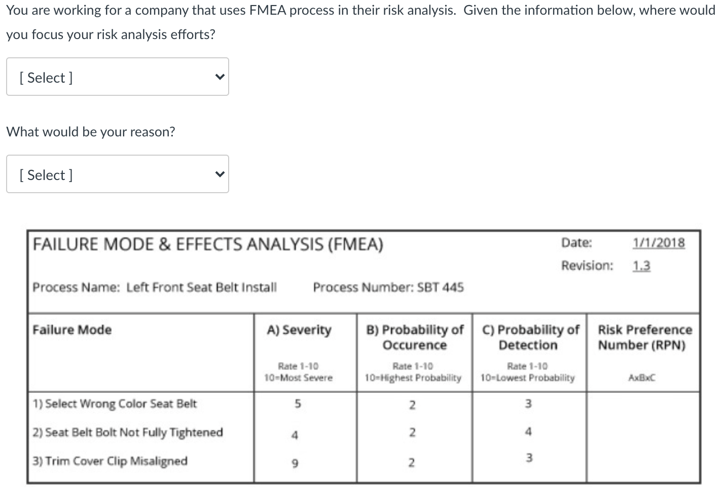 You are working for a company that uses FMEA