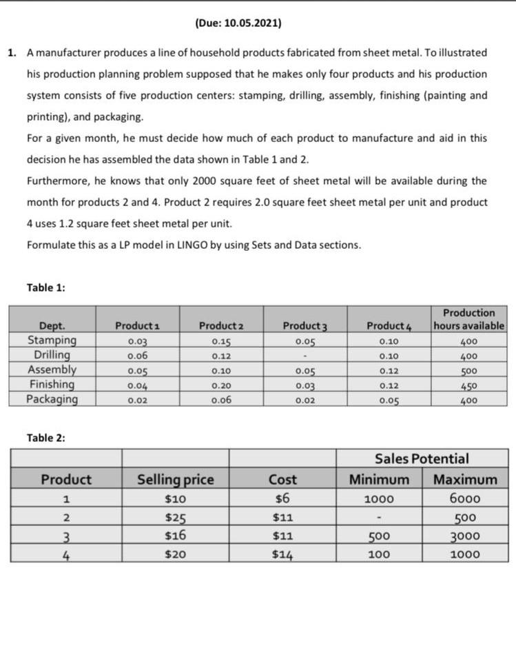 Please write LP Model in LINGO by Using sets and