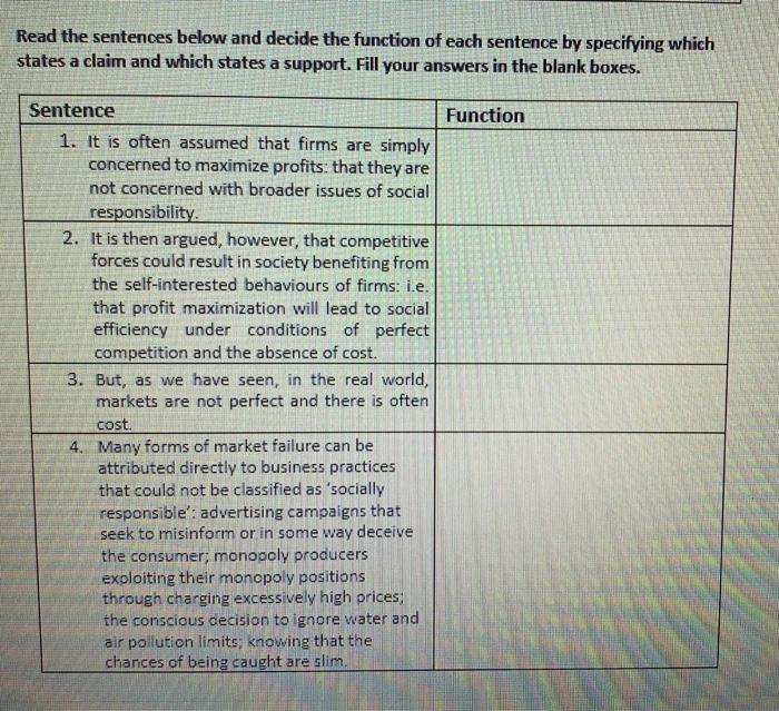 Read the sentences below and decide the function