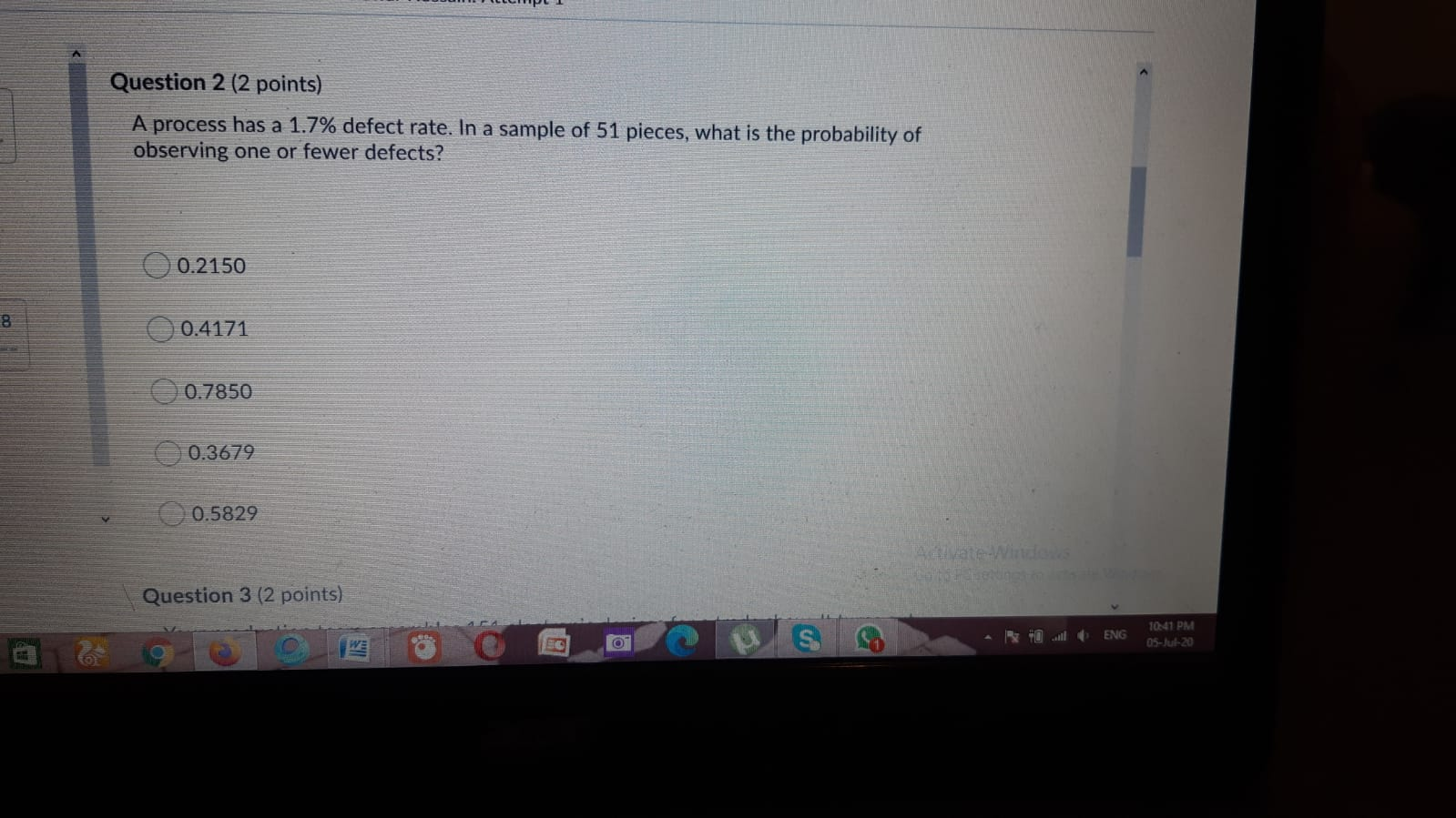Question 2 (2 points) A process has a 1.7% defect