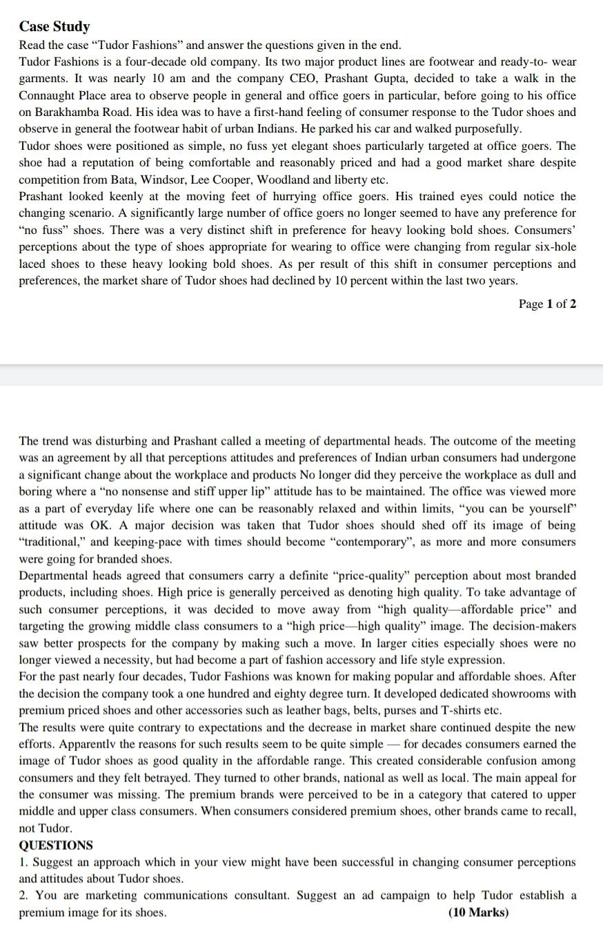 Case Study Read the case Tudor Fashions" and