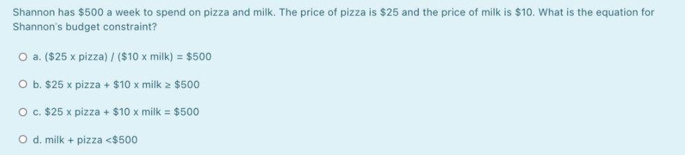 Shannon has $500 a week to spend on pizza and
