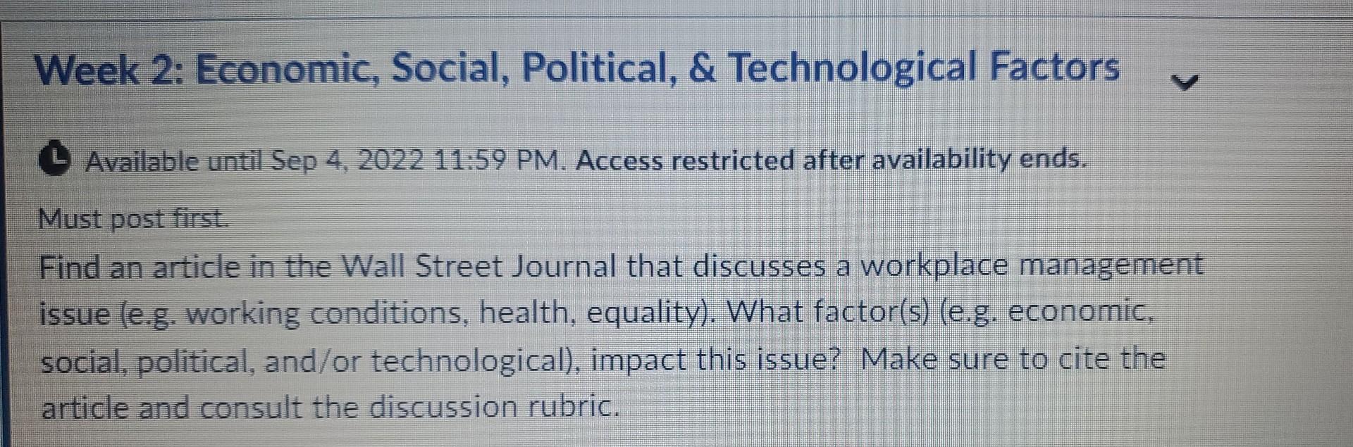 Week 2: Economic, Social, Political, \&