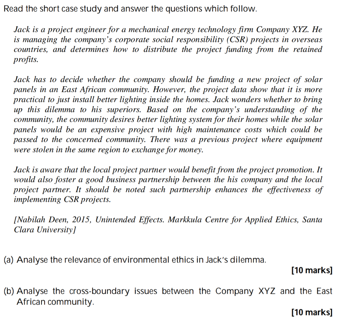 Ethics Read the short case study and answer the