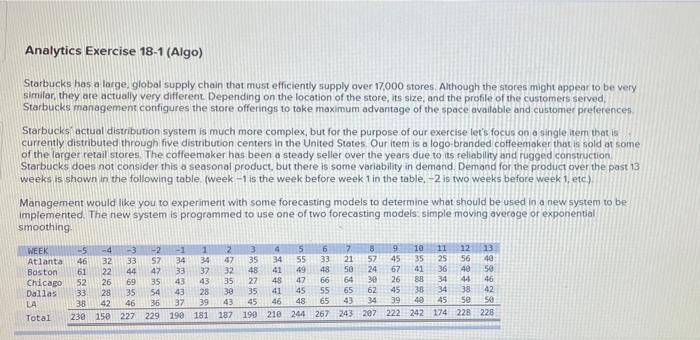 Analytics Exercise 18-1 (Algo) Starbucks has a