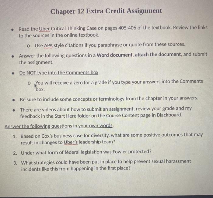 Chapter 12 Extra Credit Assignment . Read the