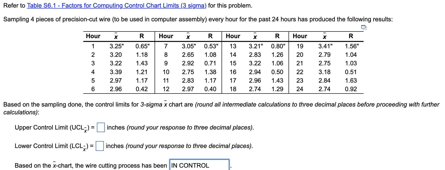 Refer to Table S6.1 - Factors for Computing