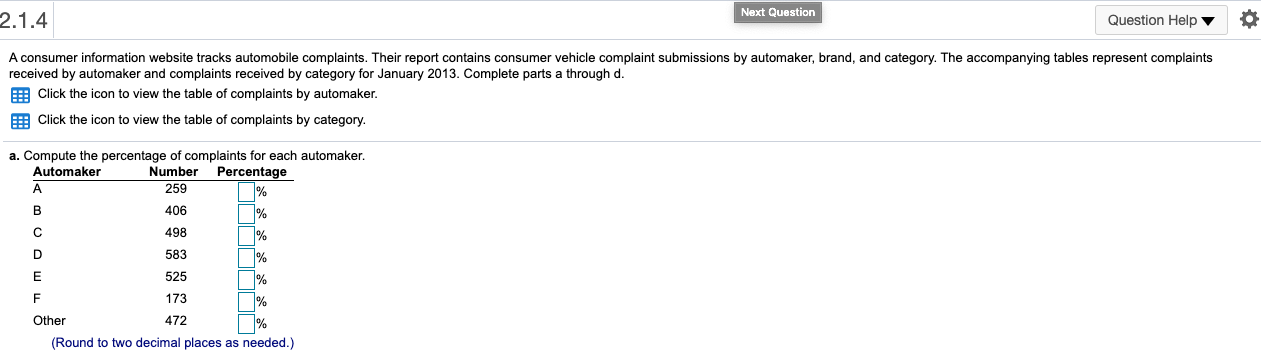 2.1.3 Question Help 0 The table to the right