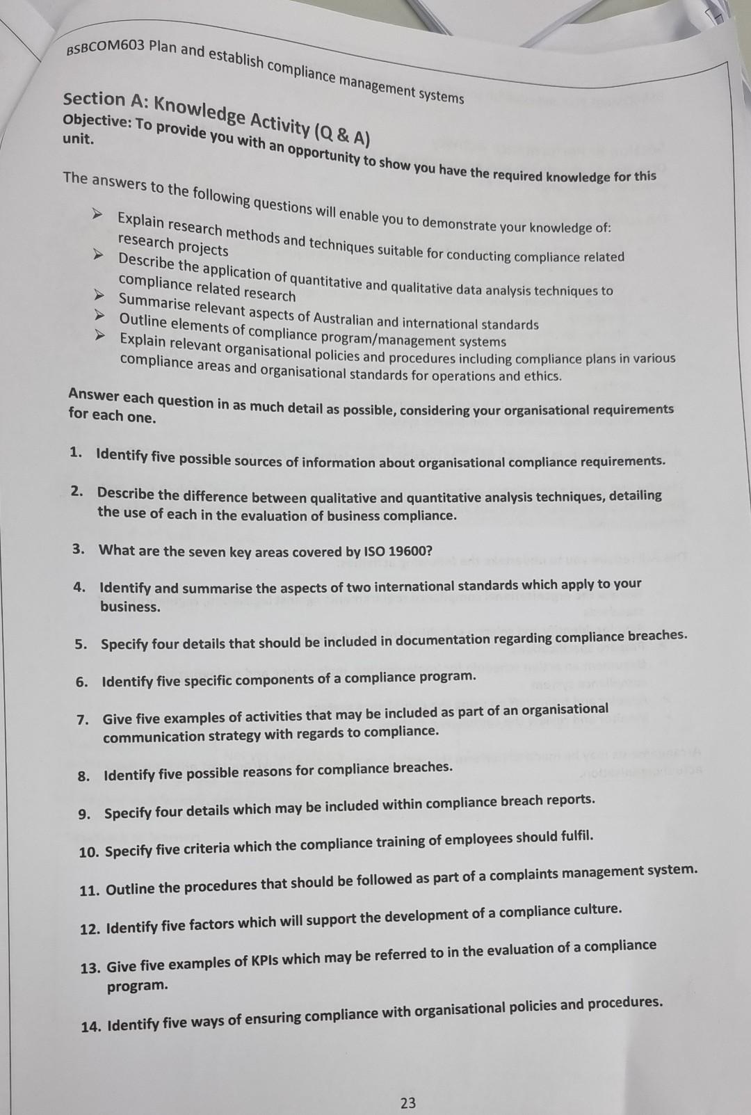 BSBCOM603 Plan and establish compliance