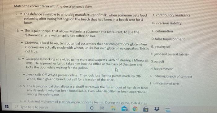 Match the correct term with the descriptions