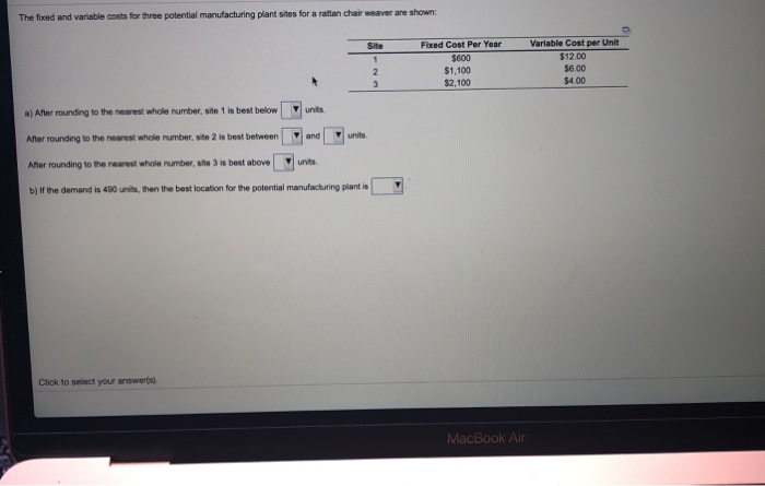 The fixed and variable costs for three potential
