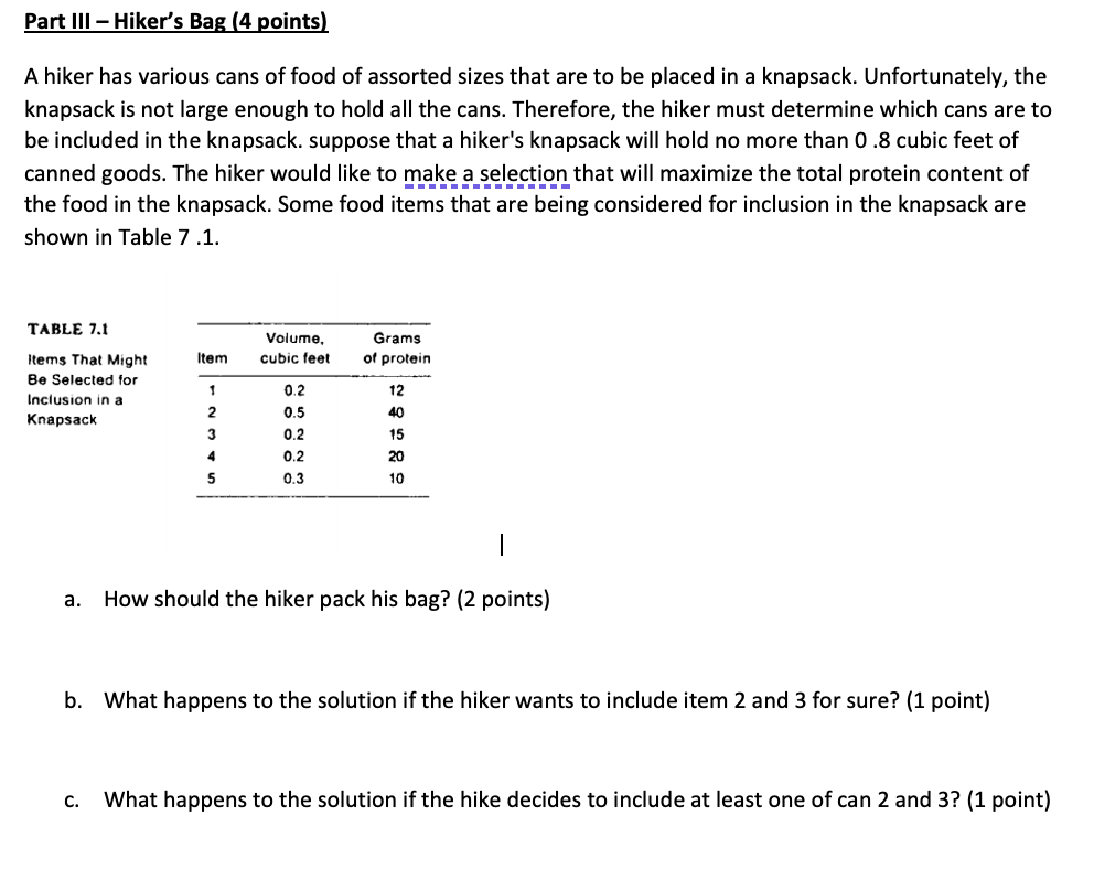 Part III Hikers Bag (4 points) A hiker has