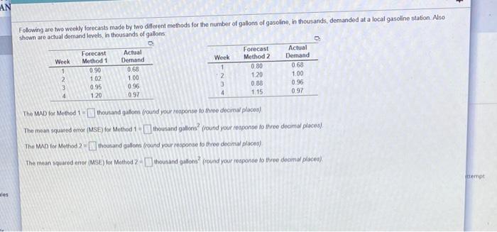 AN Folowing are two weekly forecasts made by two